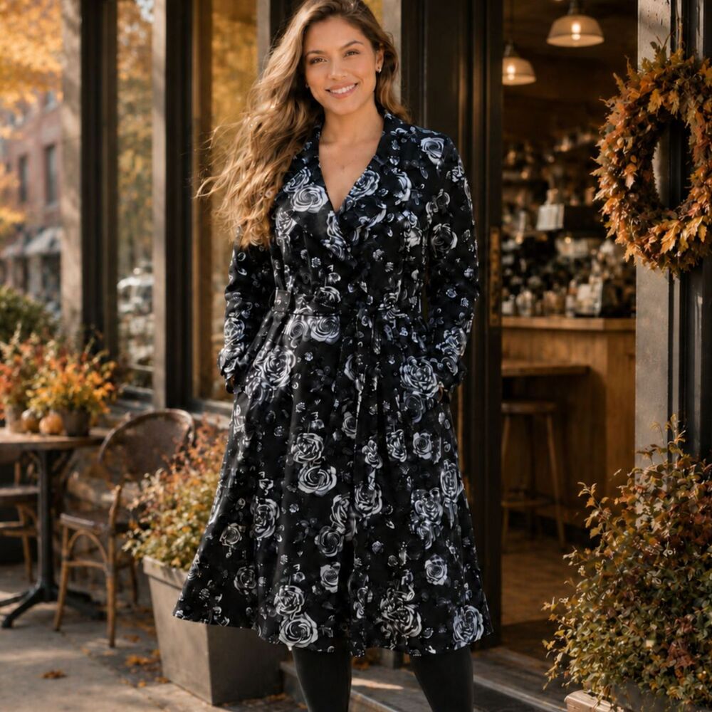 Torrid Old Hollywood Floral Rayon Trench Coat Dress Black 6X 30 NWT Whimsigoth